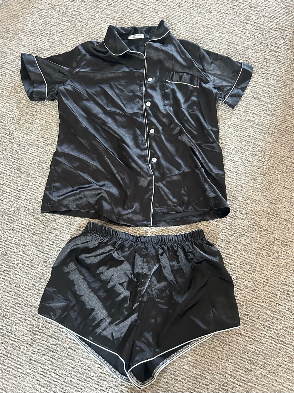 Silky Black Short Sleeve Button Pajama Set - Brand Unspecified